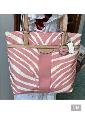 Coach Pink zebra striped tote  canvas/light tan leather trim/2 hangtags like new